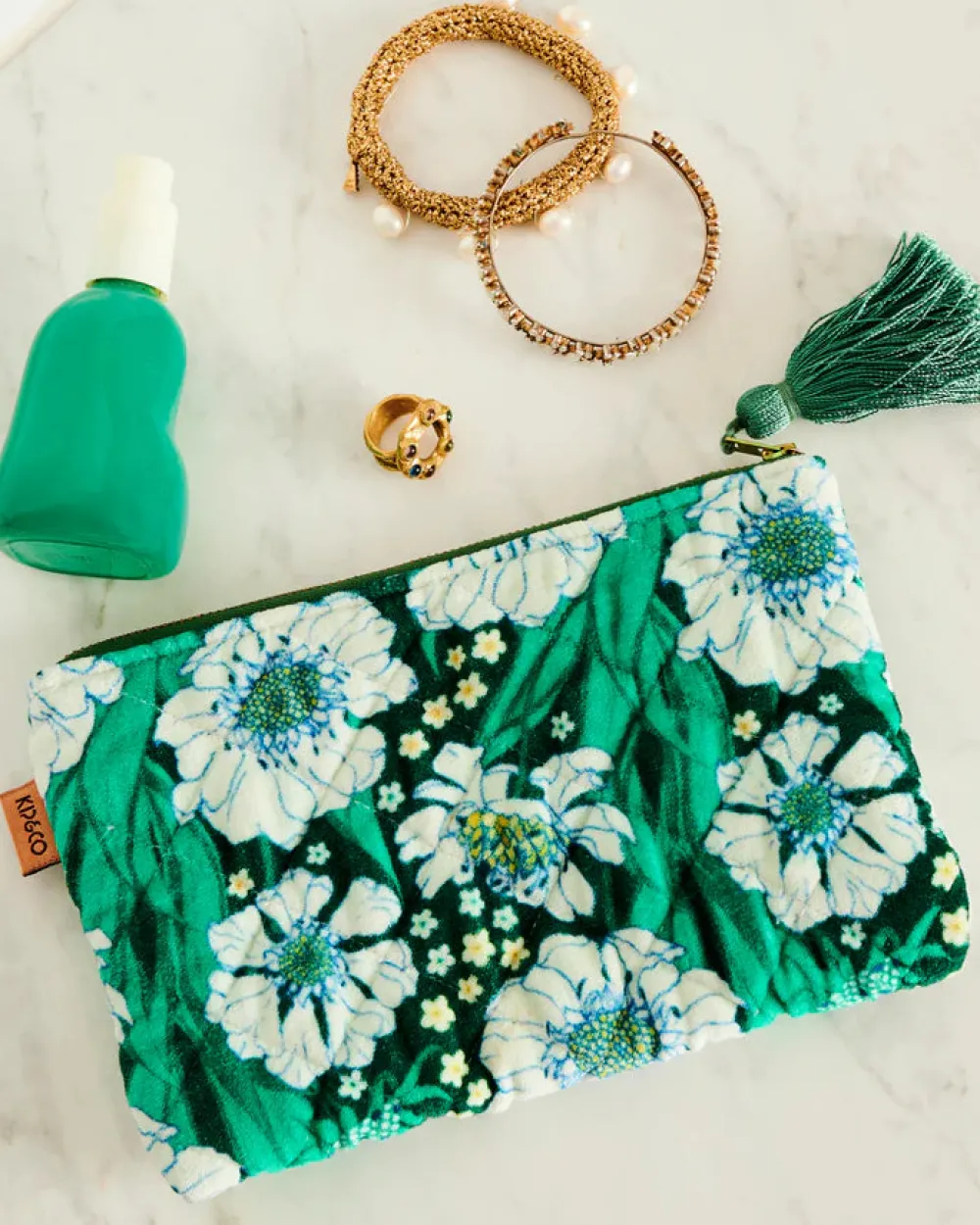 kip__co_tumbling_flowers__1-1.webp Kip & Co Tumbling Flowers Green Velvet Cosmetics Purse Discount